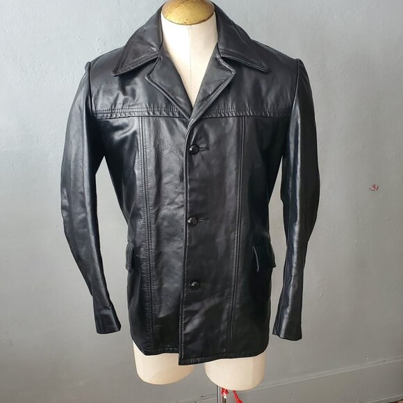 Vintage Leather Car Coat/ Black Cowhide Jacket/ 1970's Menswear - Picture 1 of 8